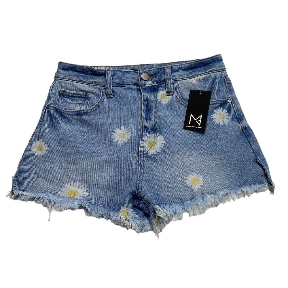 NWT Material Girl Bohemian Daisy Denim Raw Hem Shorts Festival Blue Sz 7